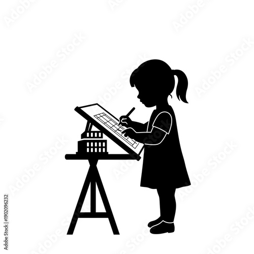 Black Silhouette Icon A little girl with pigtails sketching a building on a drafting table, in a minimalistic silhouette style on a white background (3).jpg