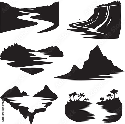 Black silhouettes of various landscapes with mountains and water