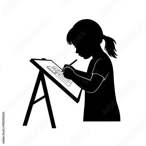 Black Silhouette Icon A little girl with pigtails sketching a building on a drafting table, in a minimalistic silhouette style on a white background (1).jpg