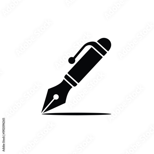 A black fountain pen nib writing on a white background with a single line