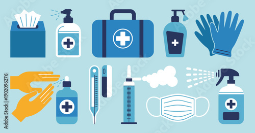 Disinfect Vector Icon Set, Hygiene and PPE Personal Protective Equipment Illustration with Antiseptic, Hand Sanitizer Bottles, Medical Mask, Gloves, Soap, Spray, Wipes, and Napkins
