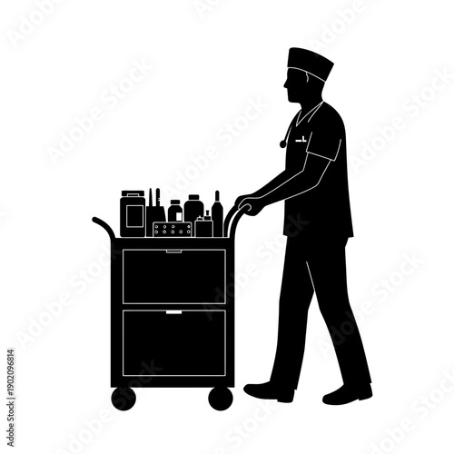 Black Silhouette Icon A nurse pushing a medical cart with supplies, in a minimalistic silhouette style on a white background (2).jpg