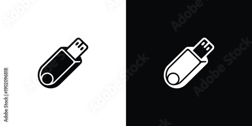 A white and black illustration of a USB flash drive on a split background