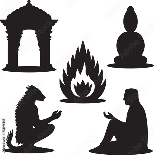 Black silhouettes of various religious and mythological figures and symbols