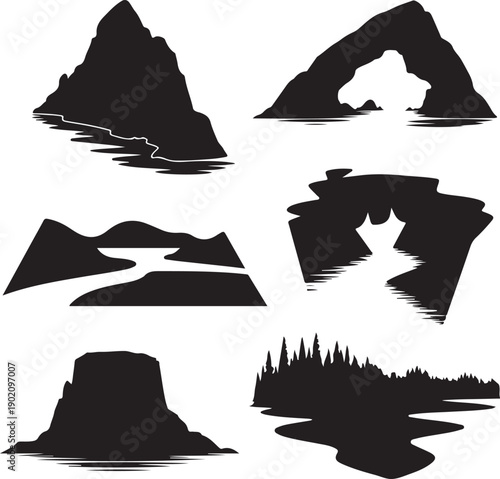 black silhouettes of various rocky cliffs and mountains