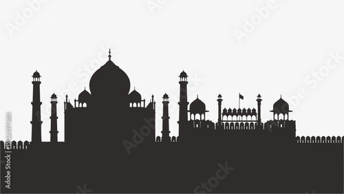 Panoramic Indian city skyline vector with Taj Mahal and Red Fort silhouette. Ancient historic monuments of India illustration for republic day or architectural design element.