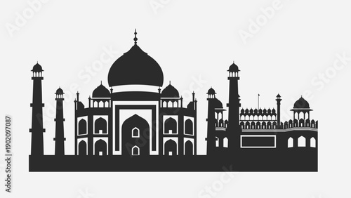 Black and white Taj Mahal and Red Fort vector skyline. Famous India tourist landmarks silhouette illustration. Historical Mughal palace and temple architecture design graphic.