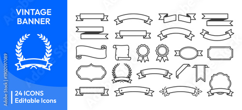 Vintage Banner and Ribbon Line Icon Set