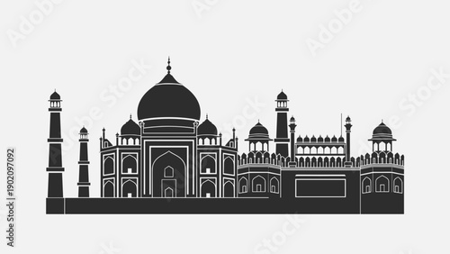Taj Mahal and Red Fort skyline vector illustration in black silhouette style. Traditional Indian cityscape monuments from Agra and Delhi for Independence Day or culture design.