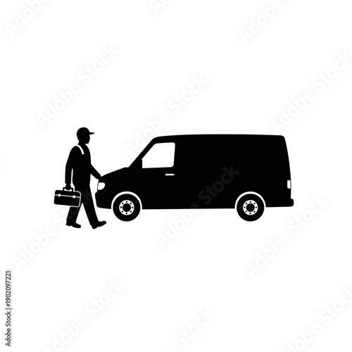 Black Silhouette Icon A silhouette of a worker with a toolbox walking toward a service van, in a minimalistic silhouette style on a white background (1).jpg