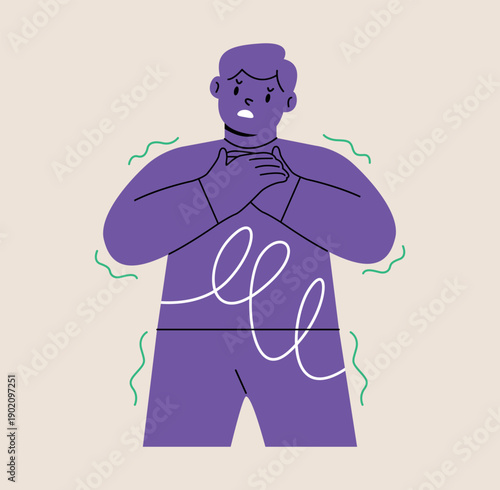 Anxious boy feeling worried and nervous. Colorful vector illustration