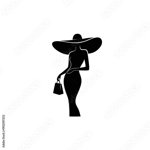 Black Silhouette Icon A stylish woman wearing a wide-brimmed hat and holding a purse, in a minimalistic silhouette style on a white background (3).jpg