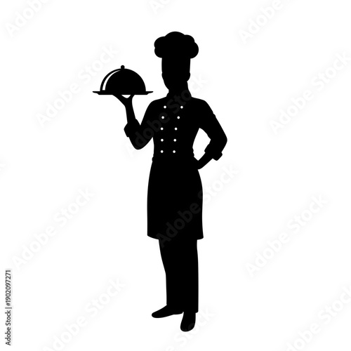 Black Silhouette Icon A woman chef proudly holding a tray of food with one hand on her hip, in a minimalistic silhouette style on a white background (3).jpg