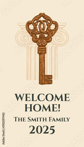 Vector banner or custom, personalized alcohol bottle label featuring a key and antique column. With vintage lettering, font, and decor. Suitable for housewarmings, anniversaries, and celebrations. No 