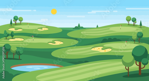 Green golf course vector illustration with sand bunkers, water hazard, flags, and trees under a sunny blue sky, flat cartoon style landscape