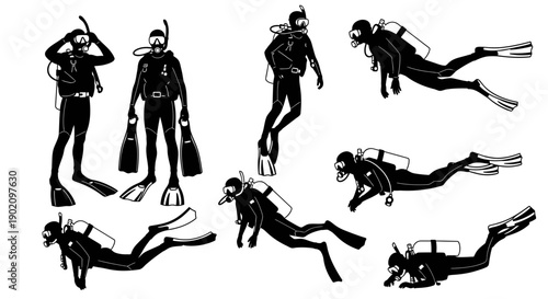 Scuba diver vector silhouettes set. Underwater sport, snorkeling, and diving equipment in various poses, isolated on white.