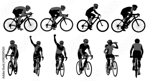 Vector set of black cyclist silhouettes in various racing and casual poses, isolated on white