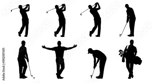 Golf player vector silhouettes set, various poses and actions, golfer with club and bag, isolated on white