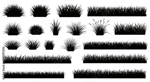 Grass silhouettes vector set. Black isolated lawn, meadow, and bush elements for garden, park, or nature design, isolated on white