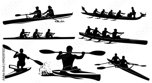 Kayaking and Canoeing Silhouettes Vector Set: Rowers, Paddlers, Dragon Boat, Scull, Kayak, Canoe, isolated on white