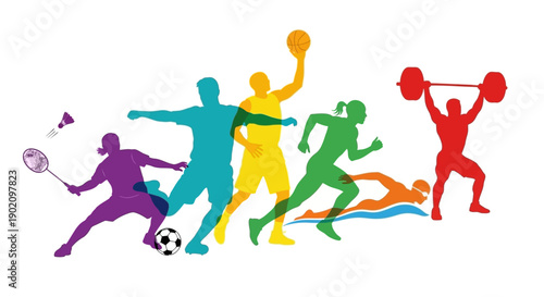 Vektor sports people silhouettes in various colors for running, basketball, weightlifting, swimming, soccer, badminton, isolated on white