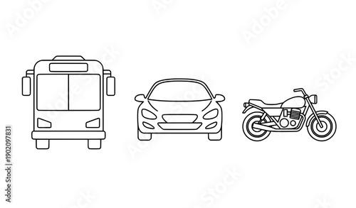Minimal bus car and motorcycle thin line icons for transport design