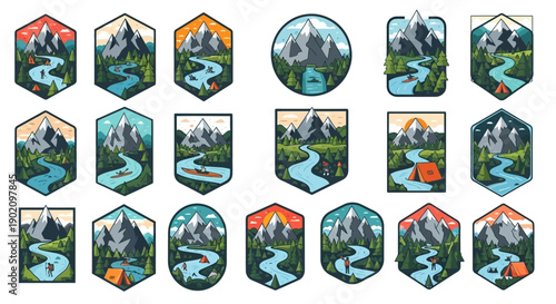 Mountain river landscape vector badges with pine forest, camping tent, and canoe for outdoor adventure, hiking, travel, and nature tourism branding