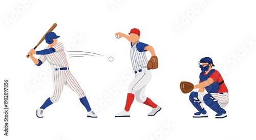 Baseball players vector illustration set: batter hitting, pitcher throwing, catcher squatting. Flat cartoon style, isolated on white.
