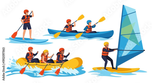 Vector water sports set: paddleboarding, kayaking, rafting, windsurfing with people in life vests, isolated on white