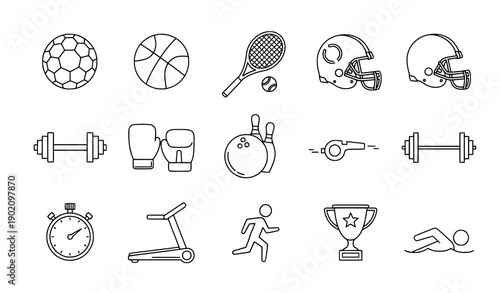 Minimal sports line icons set with athletic equipment black vector