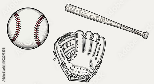 Baseball equipment vector illustration: white ball with red stitches, wooden bat, and leather glove, isolated on white