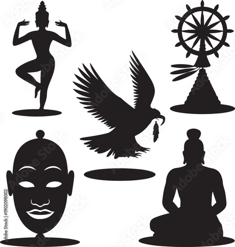 Buddhist symbols and silhouettes of people and an eagle