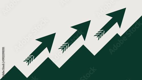 Green arrows rising upward in dynamic mountain landscape