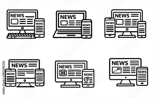 Digital News Media Icons. Online News Concept. Digital Journalism Icons Set – Online Journalism on Desktop and Mobile Devices