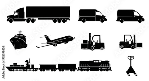 Collection of transportation vehicle silhouettes for logistics and delivery services.
