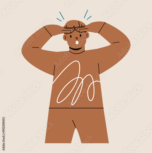 Happy boy looking into the distance with his hands above eyes. Colorful vector illustration