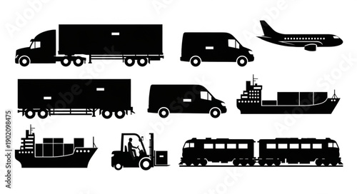 Collection of transportation vehicle silhouettes for logistics and shipping.