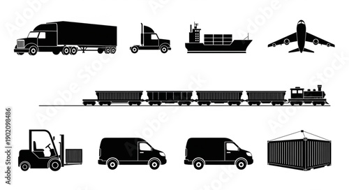 Collection of transportation vehicle silhouettes for logistics and shipping industry.