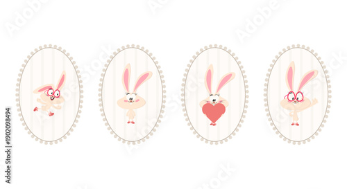 Clipart set with four cartoon bunnies in different poses, each placed in a separate oval decorative frame