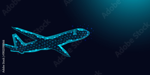 Low poly wireframe airplane on dark blue background.