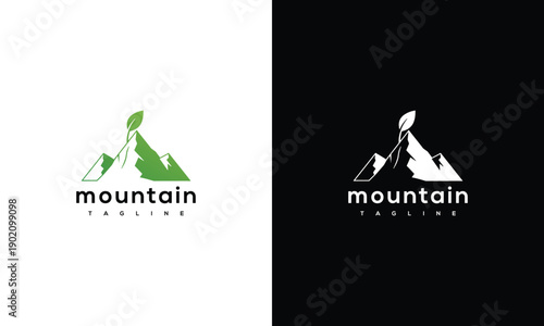 Green Mountain Leaf Logo Design - Eco Nature Adventure Branding Vector Template.