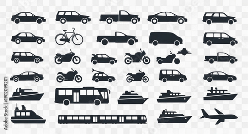 Collection of Transportation Silhouettes Vehicles and Modes of Transport.