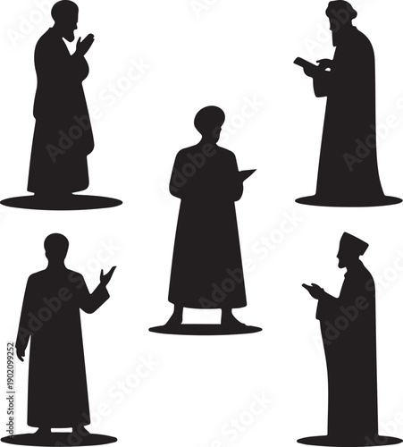 set of black silhouette men in robes reading or praying standing alone