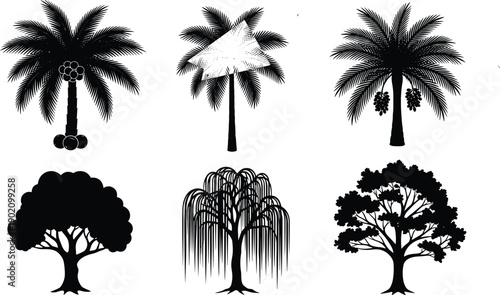 Black, tree, silhouettes, collection, including, palm, coconut, willow, and, oak, trees, isolated, on, white, background, nature, design, vector, illustration, set,