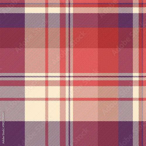 Decorative plaid fabric vector, relief textile seamless tartan. Curtain texture check pattern background in red and magenta colors.