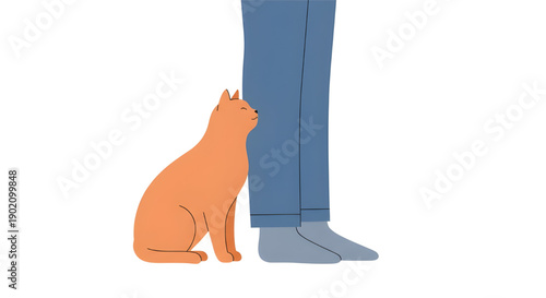 An orange cat sits next to a person's legs