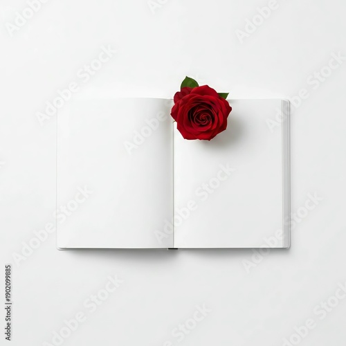 Red Rose Flower on Open Blank Diary Page Romantic Concept