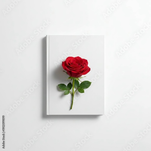 Single Red Rose on Closed White Book over White Background Top View