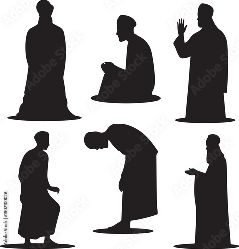 set of muslim men praying in different positions