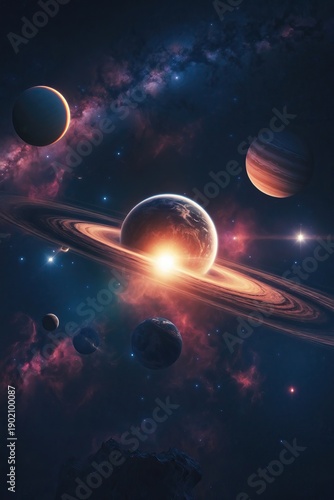 Planetary System with Ringed Planets and Nebulae in Deep Space
AI-generated